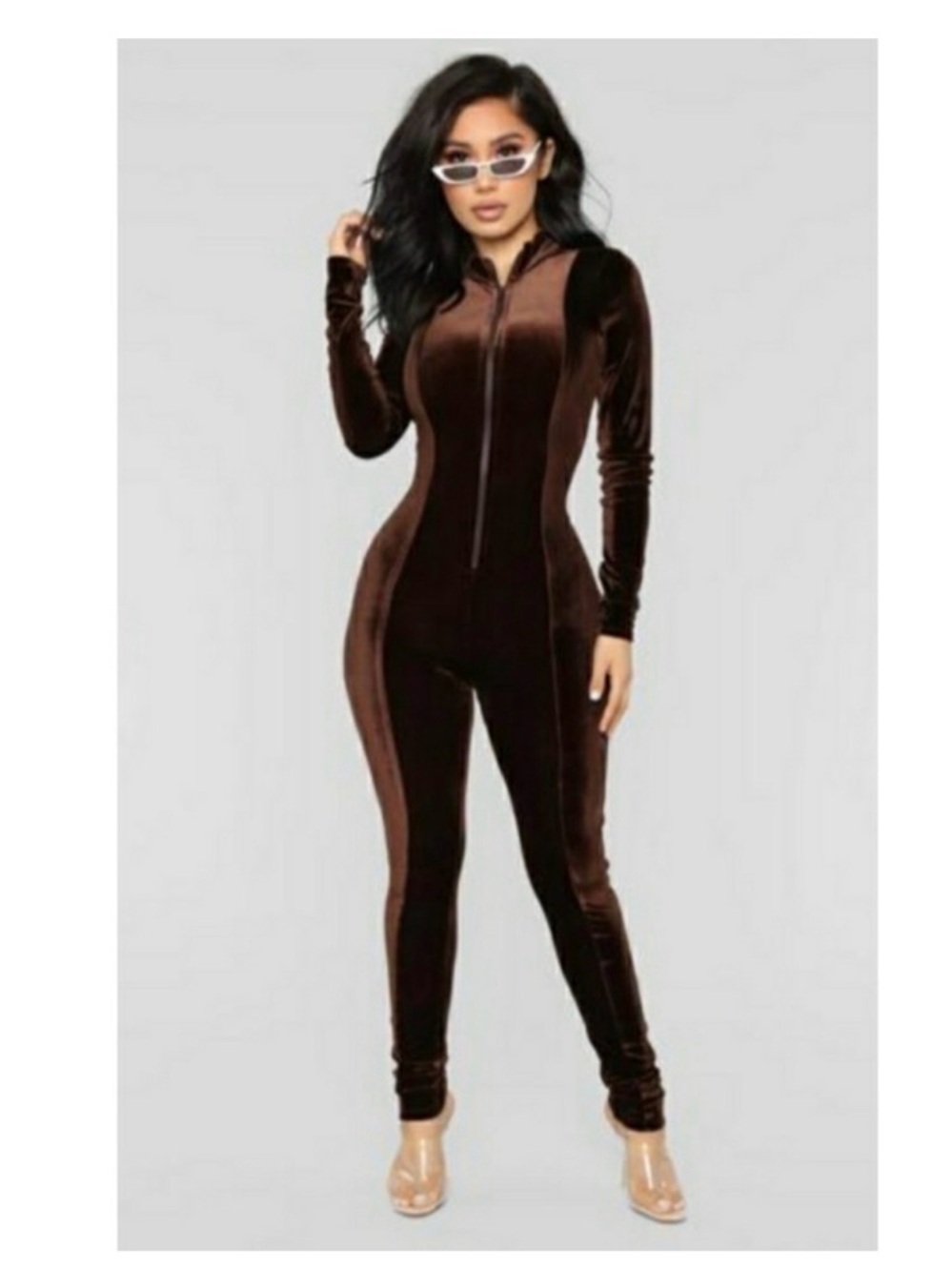 Fashion Nova Brown Velvet Zip-Up Jumpsuit